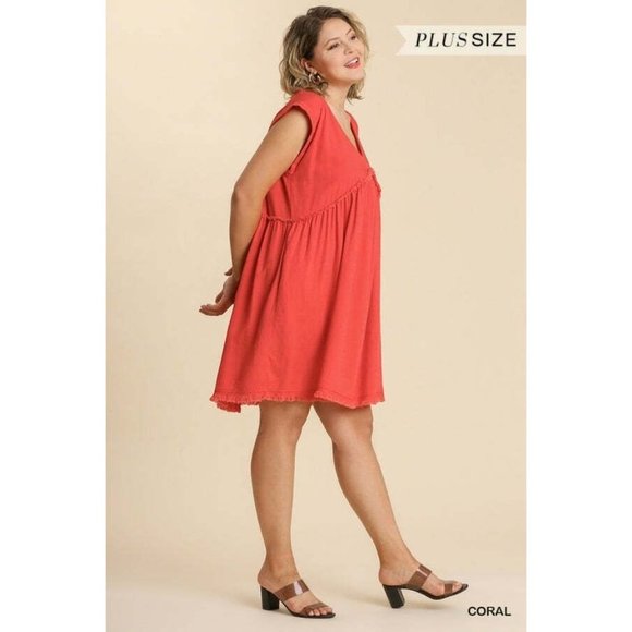 Umgee Plus Size Milk Tea V-Neck Short Folded Sleeve Ruffle Trimmed Pocket Dress - Picture 11 of 12